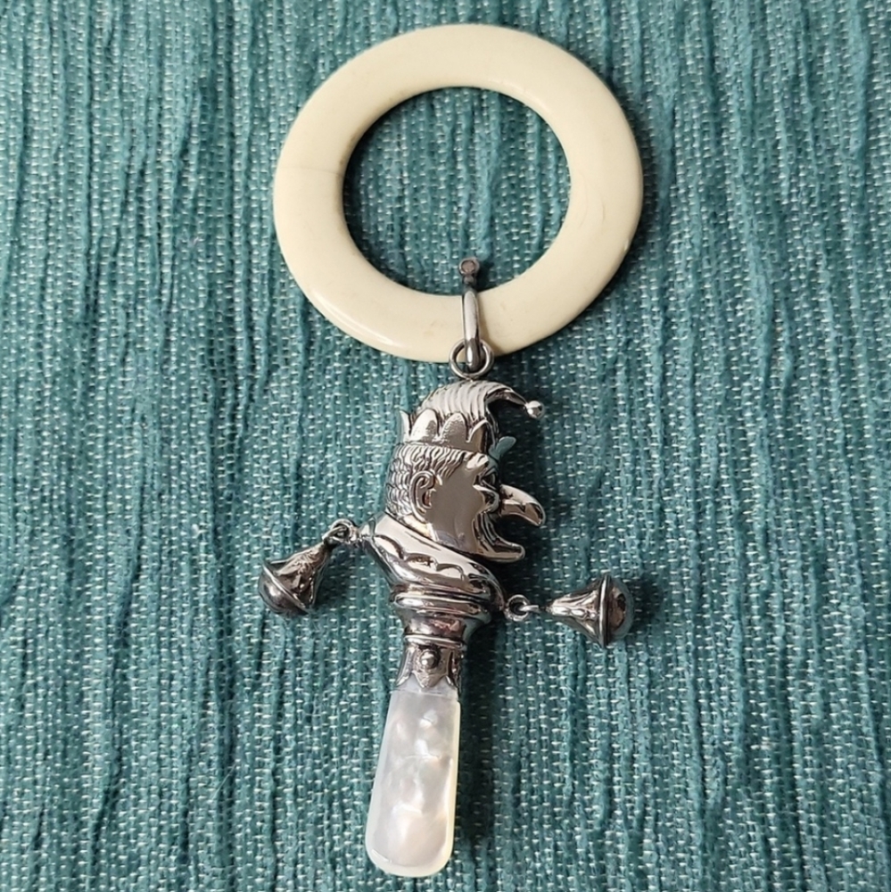 1930's 925 Sterling Silver & Mother of Pearl Baby Rattle & Teether Mr. Punch